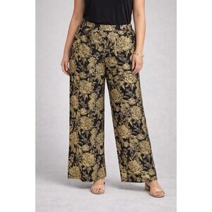 Soft Surroundings Women's L Gold Floral Wide Leg Pants Black Metallic Pull‎ On